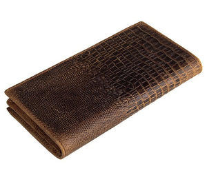 Mens Long Wallet Genuine Leather Wallet Card Holder with Crocodile Pattern Brown - YAAGLE.com