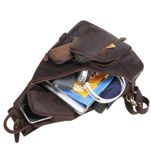 YAAGLE Mens Crazy Horse Leather Sling Chest BackPack USB Charging Sports Crossbody Bag YG5115 - YAAGLE.com