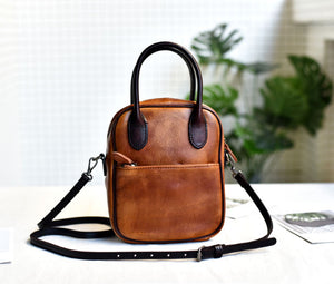 YAAGLE Vintage Contrast Color Tanned Leather Smile Face Tote YG9101 - YAAGLE.com
