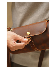 Vintage Crazy Horse Leather Men Barrel-shaped Crossbody Bag Genuine Leather Pillow Sling Beg