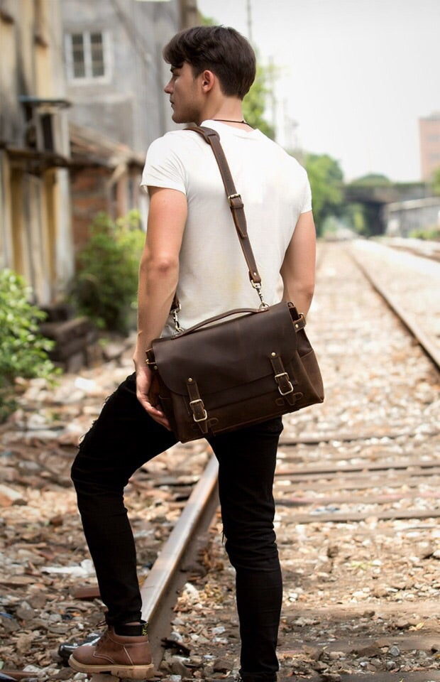 Crazy Horse Leather Sling Bag Vintage Leather Chest Bag Mens Crossbody Bag