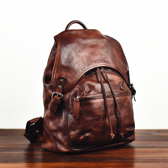 Mens Vintage Leather Backpack Drawstring