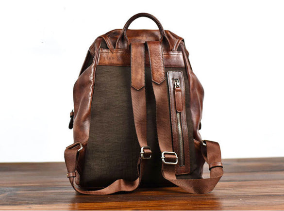 YAAGLE Men's Vegetable Tanned Leather Drawstring Flap Backpack YG9003